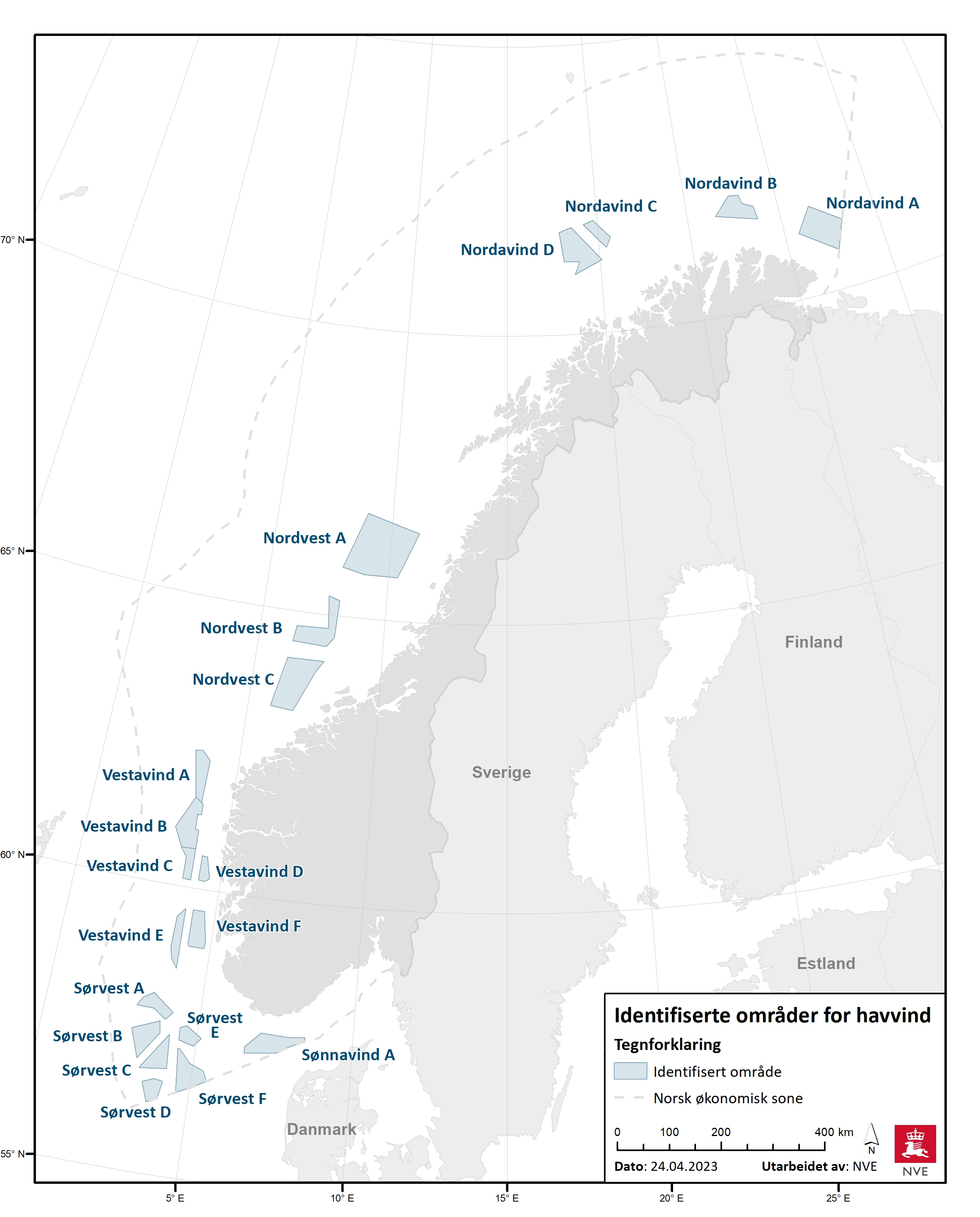 Kartet viser områder langs norskekysten der man vil se nærmere på om det er mulig å bygge havvind. Tegning.