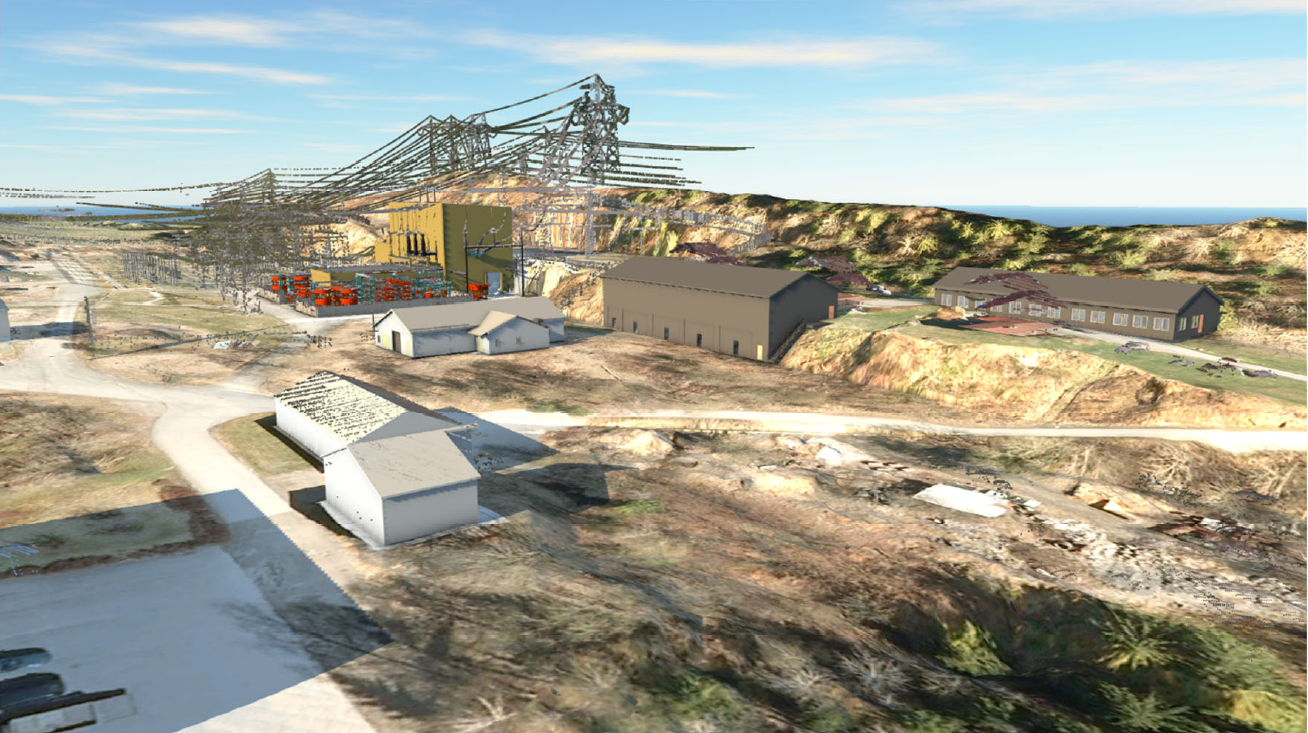 Bilde fra 3D-modell av nytt kontrollhus, garasje/verksted og oppmøtebygg sett fra sør. Arealene rundt bygningene vil bli planert og asfaltert, men det kommer ikke frem av modellen. Bygningen i bildets fremkant er et eksisterende bygg.