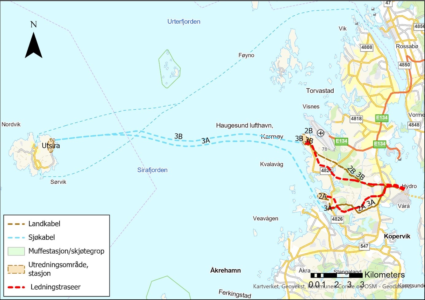 Oversiktskart for Statnetts forslag til samordnet nettløsning for tilknytning av havvindområdet Utsira Nord til land.